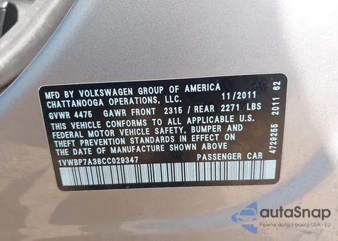 2012 Volkswagen Passat 2.5L Se from USA, damaged, VIN 1VWBP7A38CC029347